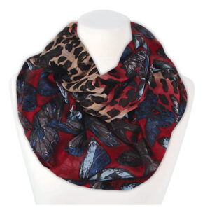 Loop-scarf röd med fjärilar och leopard
