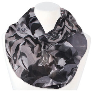 Loop-scarf med blommor svart grå beige
