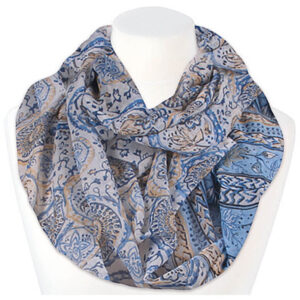 Loop-scarf med cirklar och blommor blå beige ljusblå