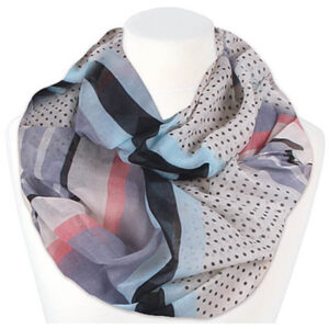 Loop-scarf med ränder och prickar rosa blå svart