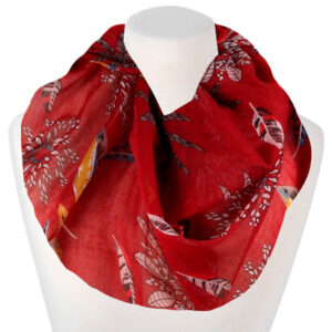Loop-scarf röd med fjädrar