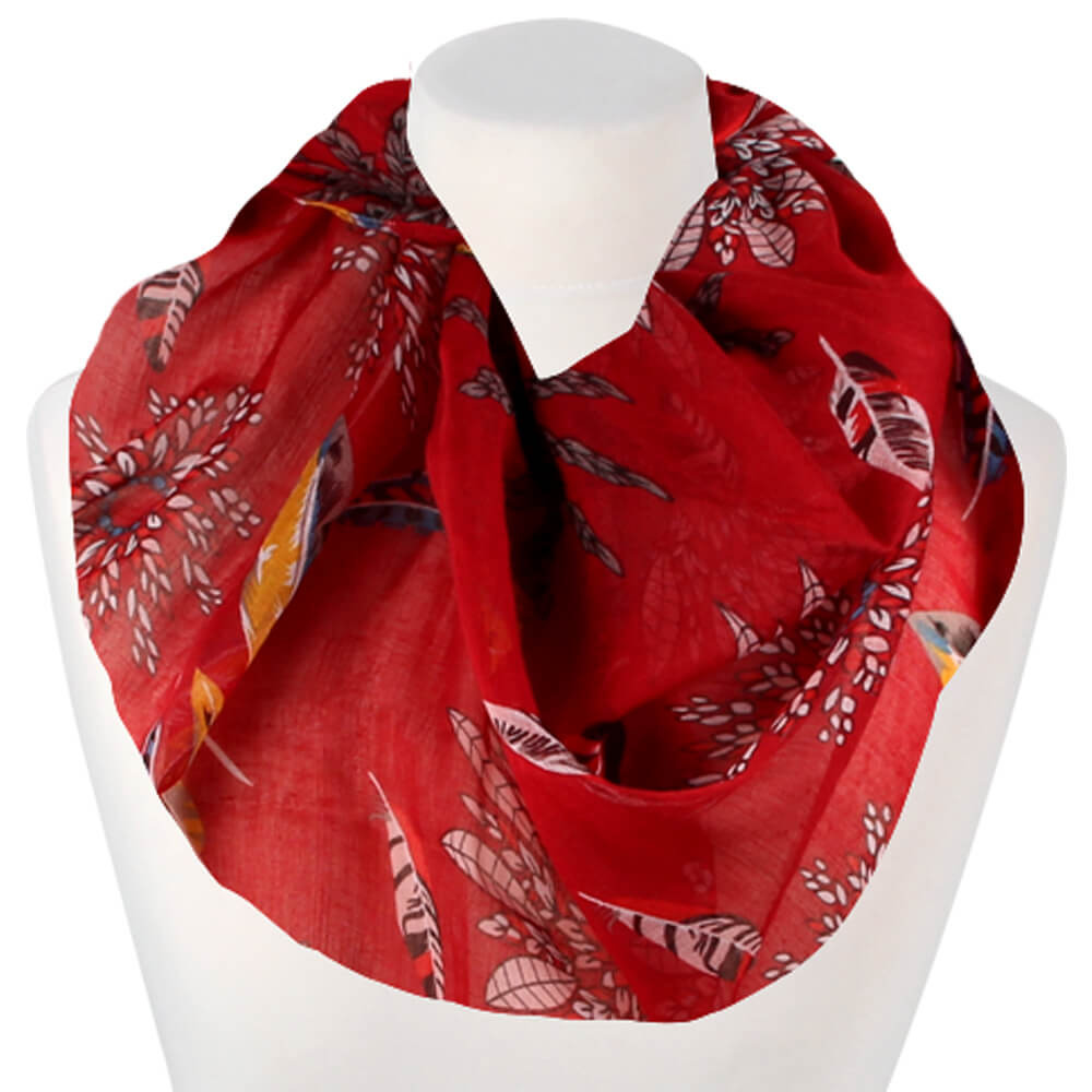 Loop-scarf röd med fjädrar