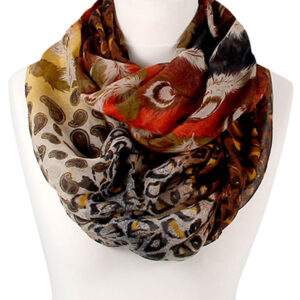 Loop-scarf brun och röd med fjädrar