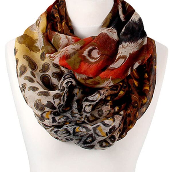 Loop-scarf brun och röd med fjädrar