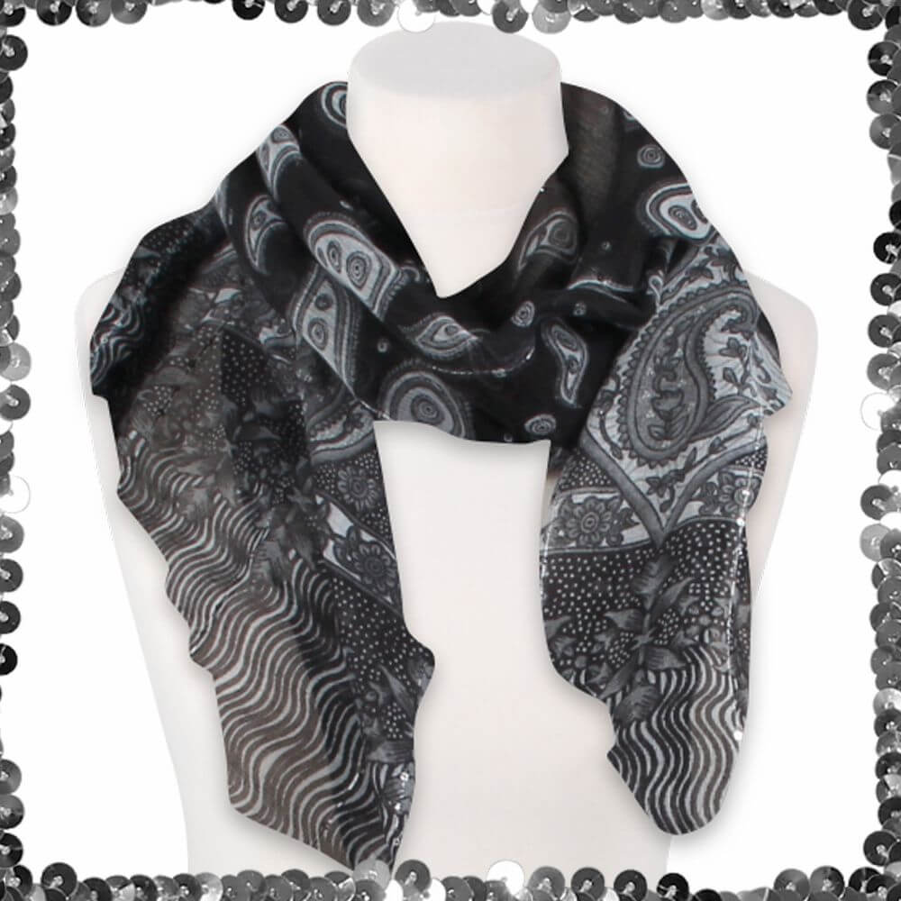 Scarf vit svart grå med with paljetter paisley och blommor